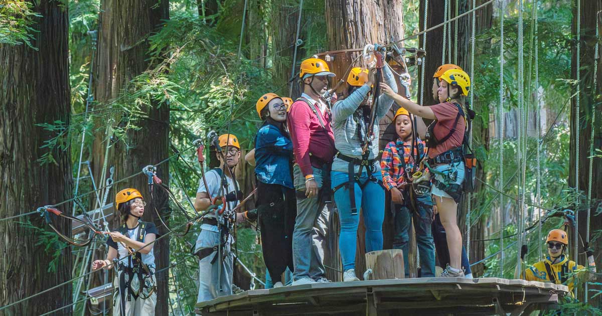 Group on a ropes course platform at a summer camp corporate retreat